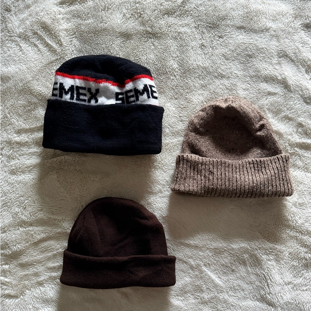 Set of Four Beanies in Black, Brown, and Tan